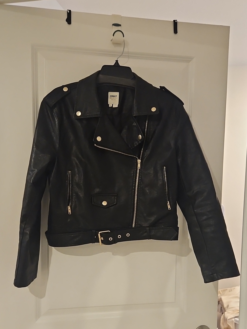 ONLY Black Faux Leather Moto Jacket with Belted Hem
